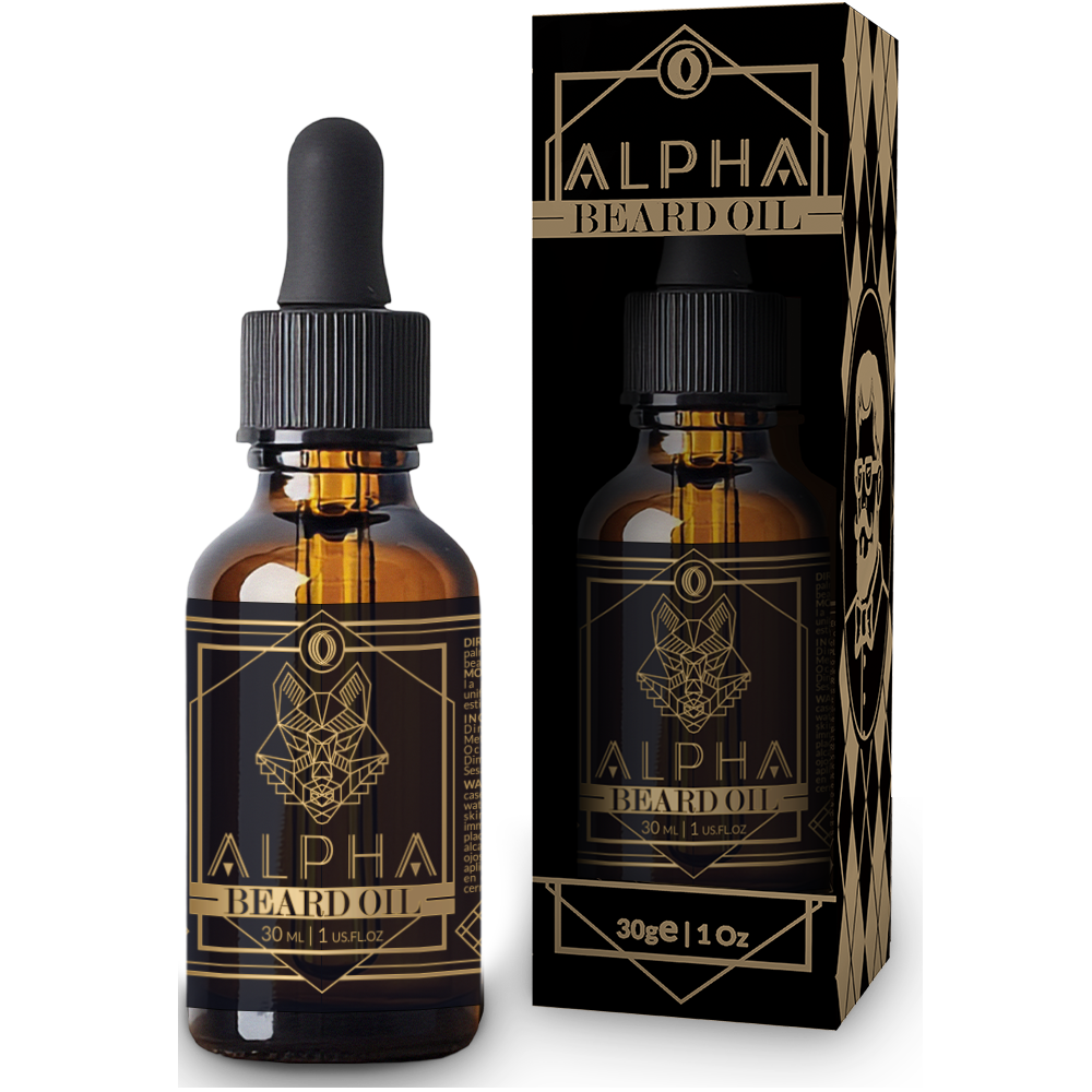 Frasco ámbar de Alpha Beard Oil con gotero negro, acompañado de su caja negra y dorada.