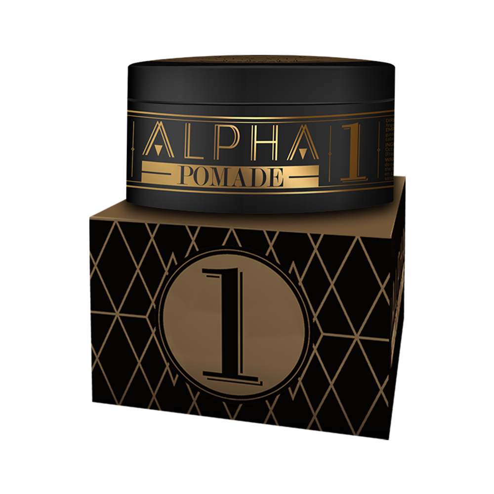 Tarro negro y dorado de Alpha Pomade número 1, sobre su caja.