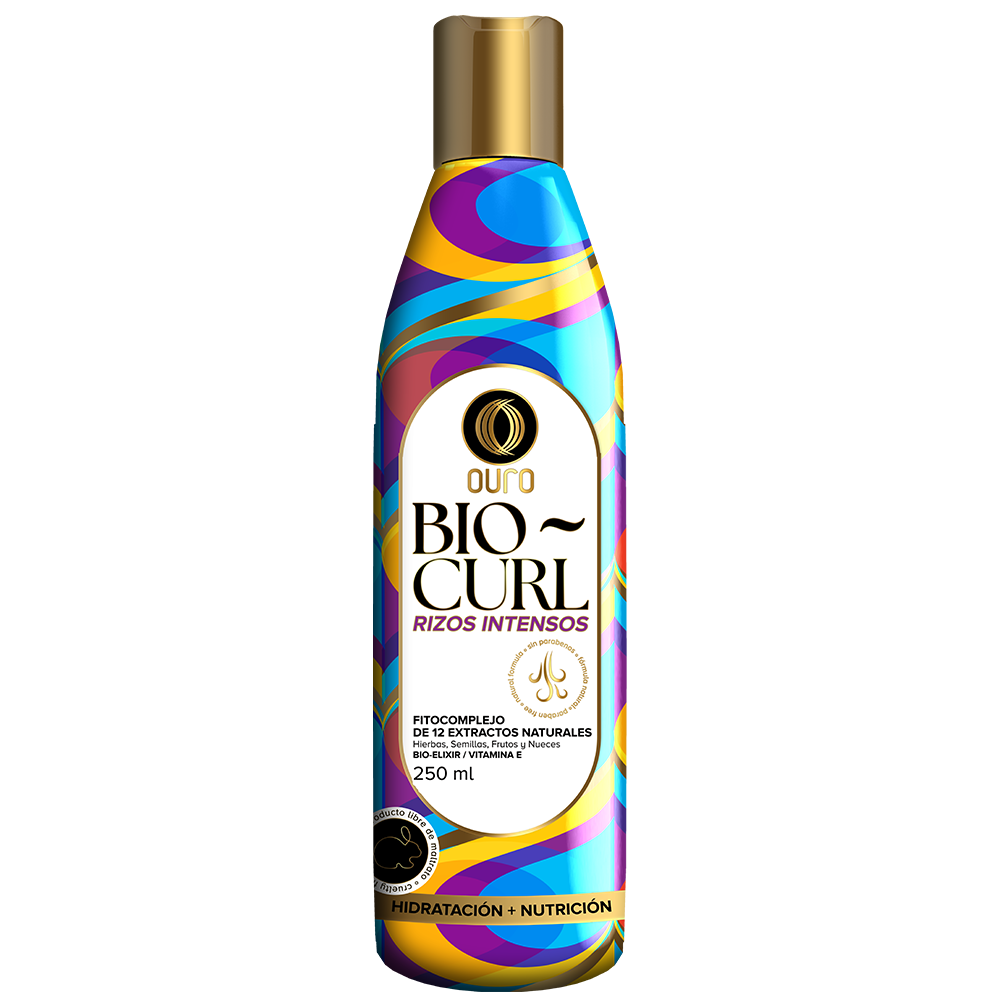 Envase de OURO Bio-Curl Rizos Intensos: botella con diseño multicolor, tapa dorada y etiqueta blanca; capacidad 250 ml.