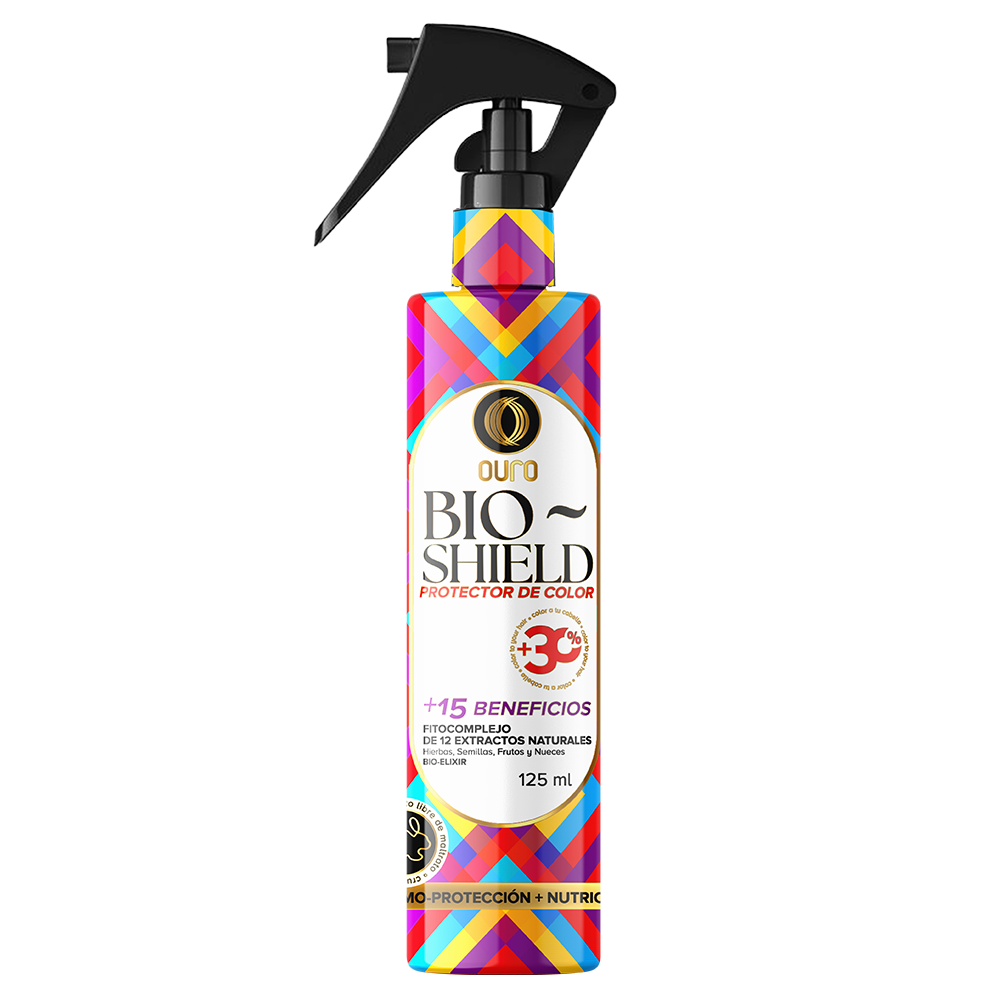 Envase multicolor de OURO BioShield Protector de Color, con etiqueta blanca y gatillo negro; presentación de 125 ml.