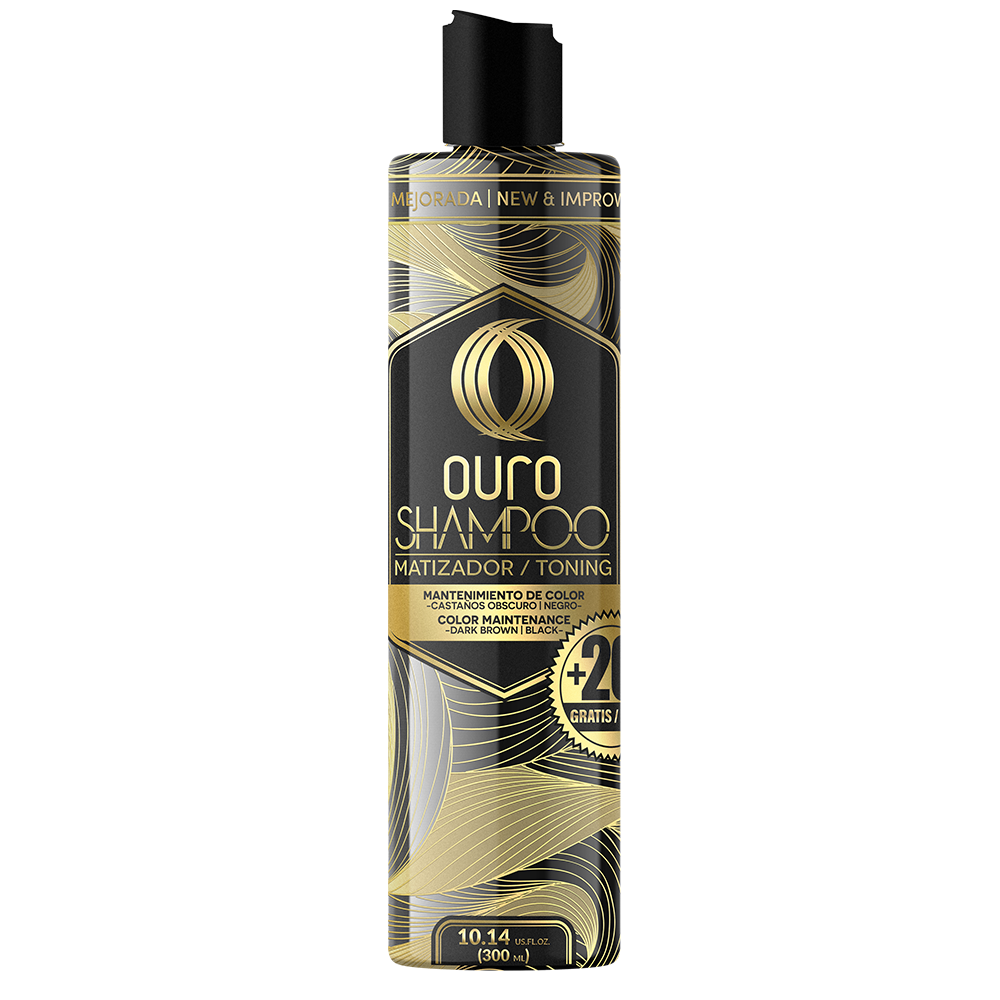 Envase negro y dorado de OURO Shampoo Matizador para castaños oscuros y negro, con tapa negra; presentación de 300 ml.