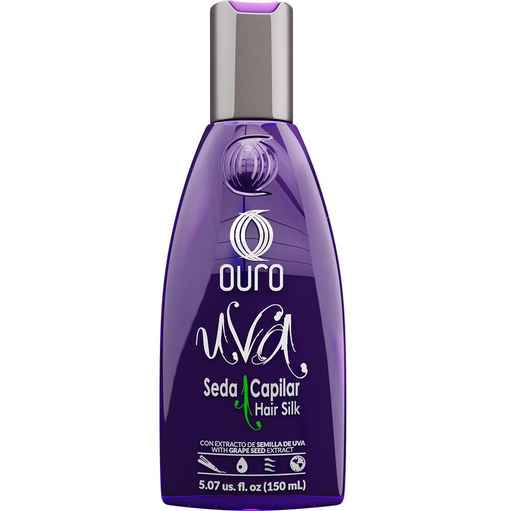 Envase morado de OURO Uva Seda Capilar con tapa plateada y detalle morado; presentación de 150 ml.