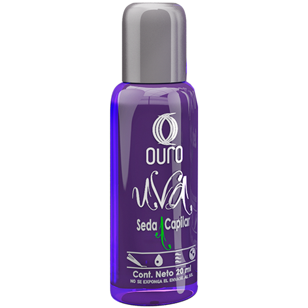 Envase morado de OURO Uva Seda Capilar con tapa plateada; contenido neto 20 ml.