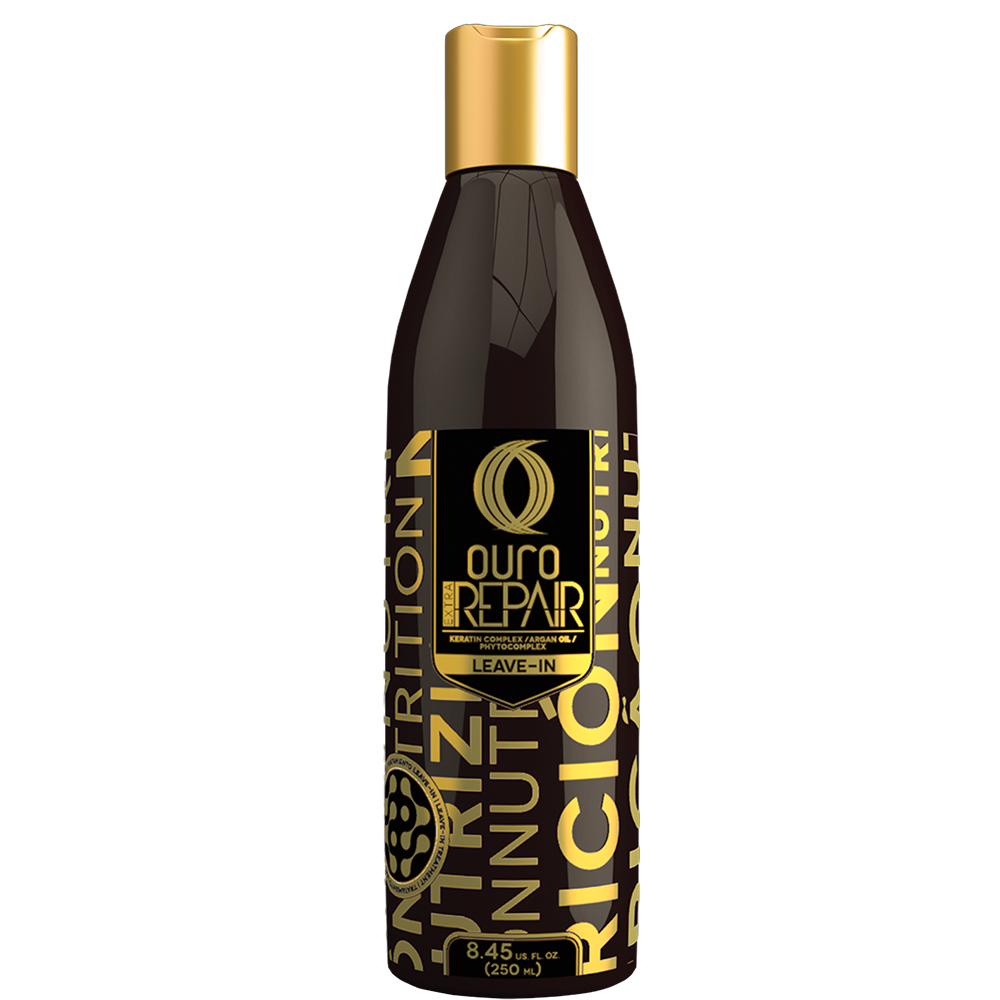 Envase oscuro y dorado de OURO Extra Repair Leave-In con tapa dorada; presentación de 250 ml.