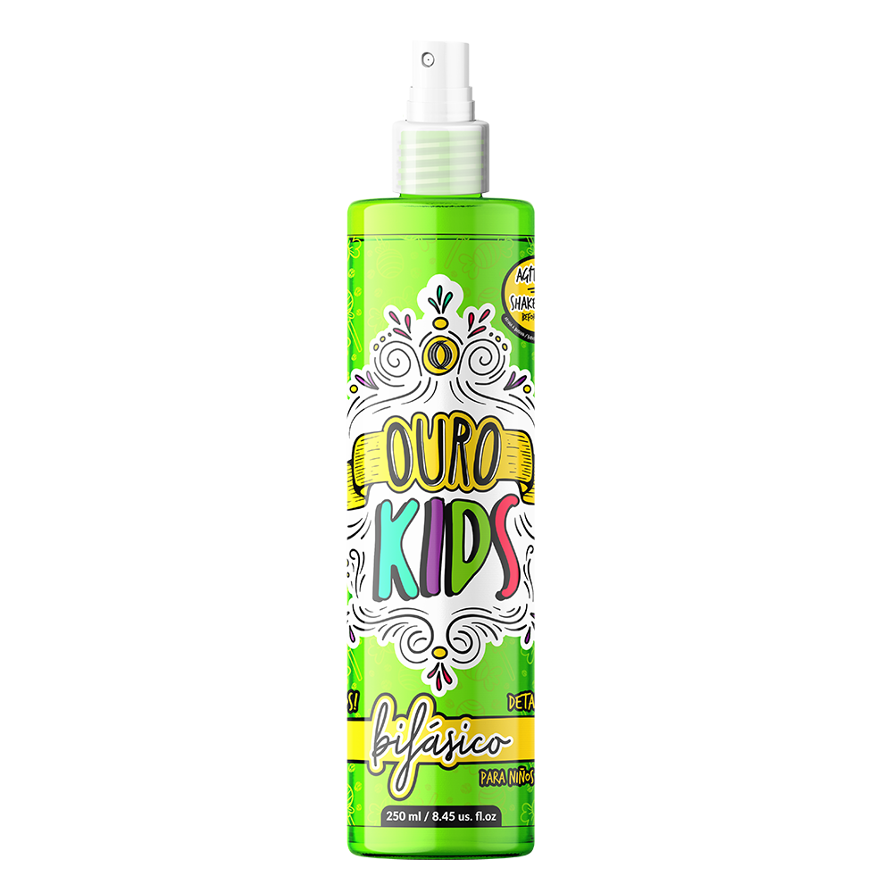 Imagen de referencia del desenredante OURO Kids Detangler, en envase verde con atomizador. La presentación actual confirmada es de 240 ml.