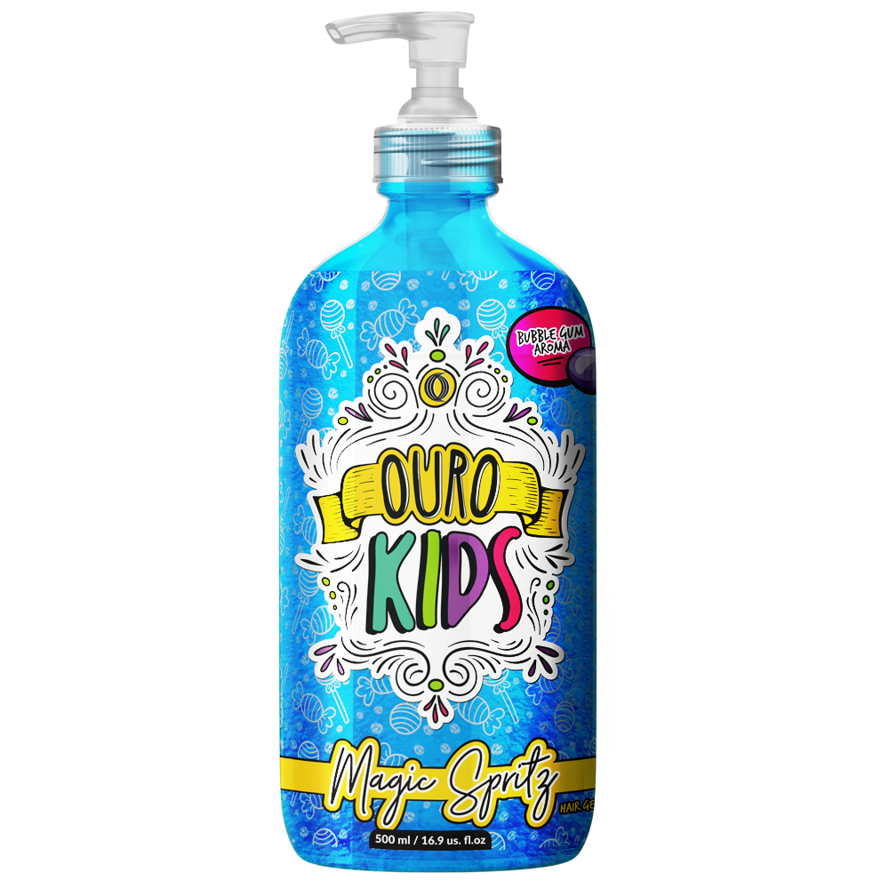 Envase azul de OURO Kids Magic Spritz Hair Gel con dosificador blanco y etiqueta multicolor.