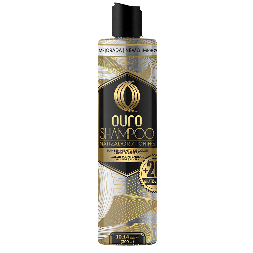 Envase de OURO Shampoo Matizador para rubio y platinado, con diseño blanco y dorado y tapa negra; presentación de 300 ml.