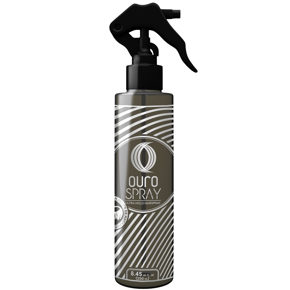 Envase gris oscuro de OURO Spray Ultra Hold con rayas blancas y gatillo negro; presentación de 250 ml.